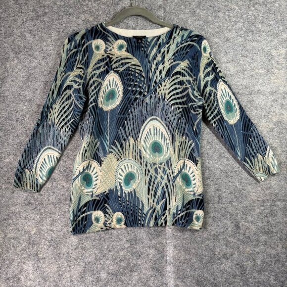 Talbots Petite Pure Cashmere Sweater Peacock Feather Print Quiet Luxury Size SP - Picture 2 of 15